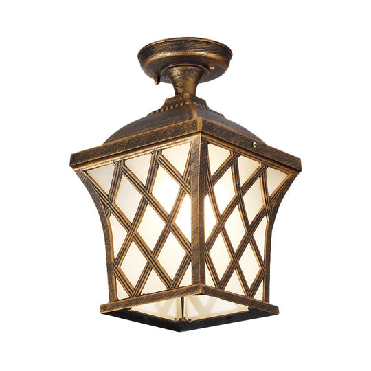 Opal Glass Lantern Semi Flush Mount Country Balcony Light In Black/Bronze - Metal X - Frame 1