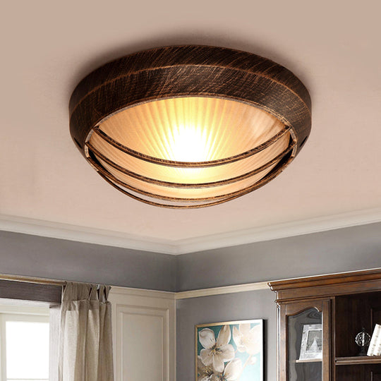 Frosted Ribbed Glass Flush Mount Ceiling Light In Rustic Bronze With Metal Cage - 1-Light Porch