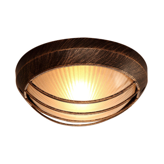 Frosted Ribbed Glass Flush Mount Ceiling Light In Rustic Bronze With Metal Cage - 1 - Light Porch