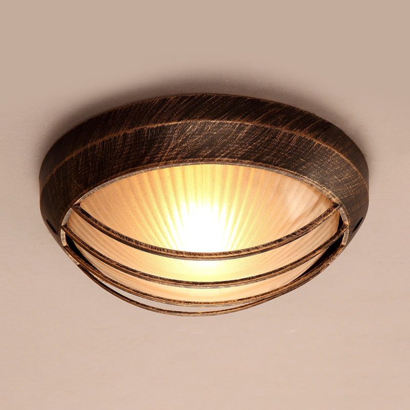 Frosted Ribbed Glass Flush Mount Ceiling Light In Rustic Bronze With Metal Cage - 1 - Light Porch