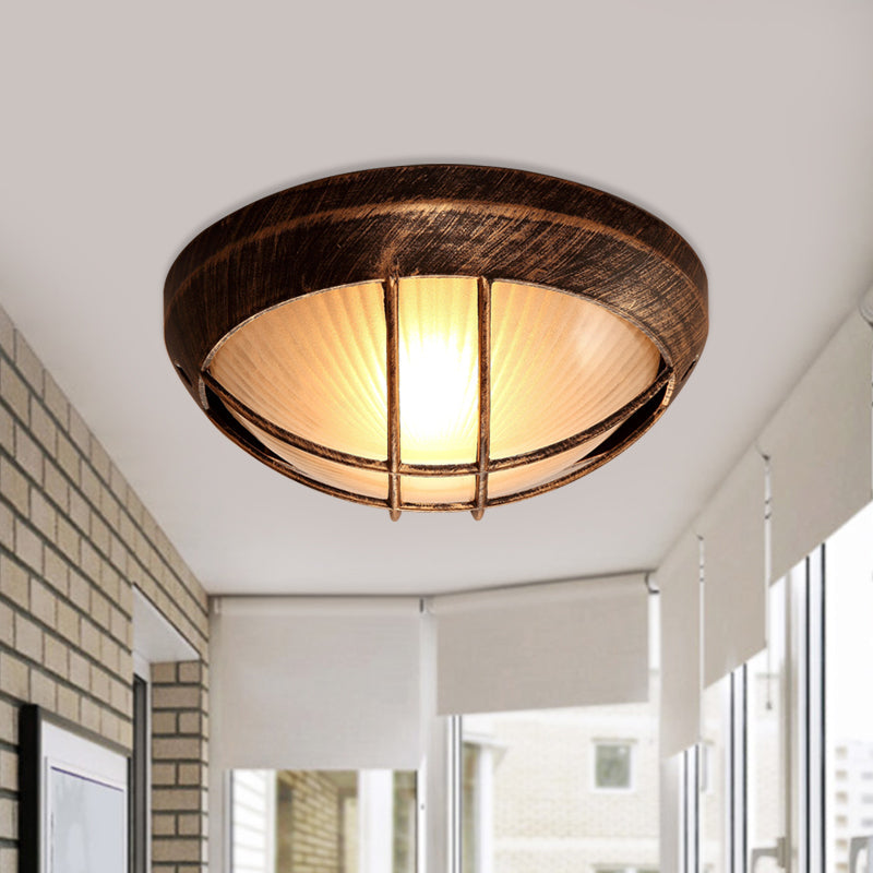 Frosted Ribbed Glass Flush Mount Ceiling Light In Rustic Bronze With Metal Cage - 1 - Light Porch