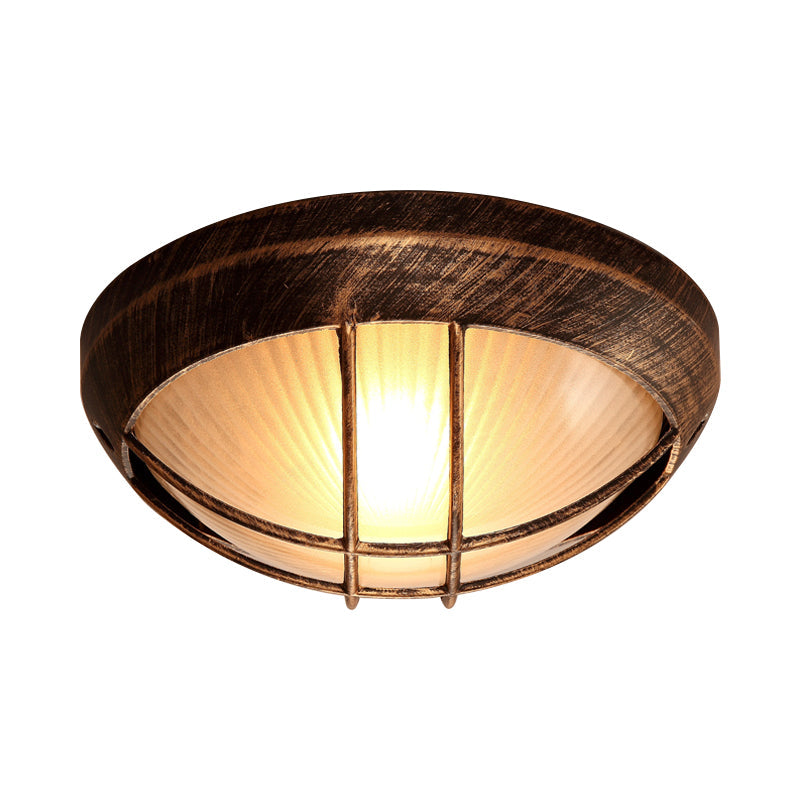 Frosted Ribbed Glass Flush Mount Ceiling Light In Rustic Bronze With Metal Cage - 1 - Light Porch