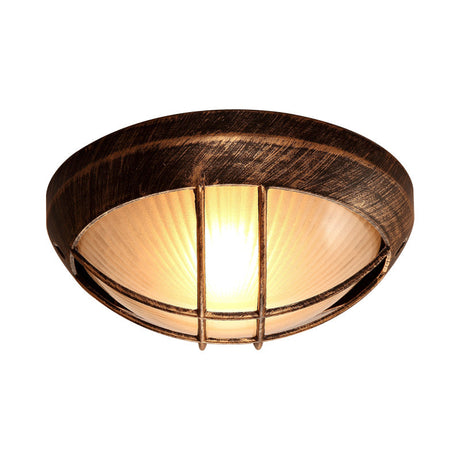 Frosted Ribbed Glass Flush Mount Ceiling Light In Rustic Bronze With Metal Cage - 1-Light Porch