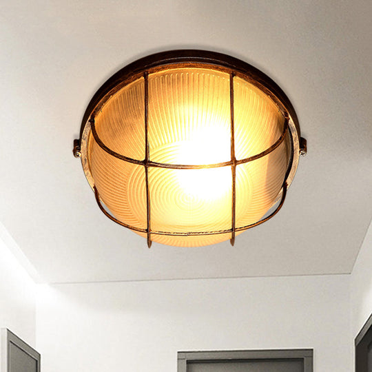 Frosted Ribbed Glass Flush Mount Ceiling Light In Rustic Bronze With Metal Cage - 1-Light Porch