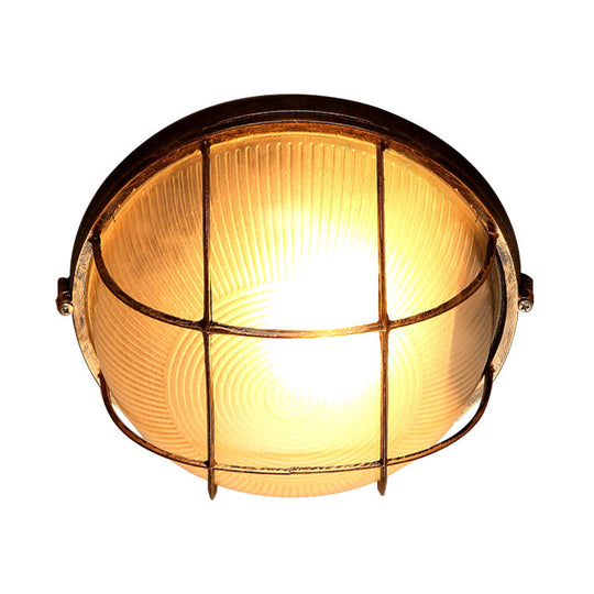 Frosted Ribbed Glass Flush Mount Ceiling Light In Rustic Bronze With Metal Cage - 1-Light Porch