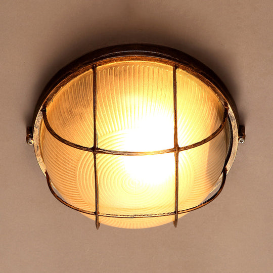 Frosted Ribbed Glass Flush Mount Ceiling Light In Rustic Bronze With Metal Cage - 1-Light Porch