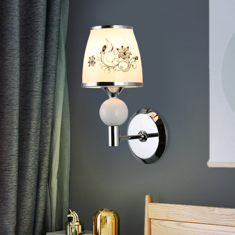 Chrome Wall Lamp - Single-Bulb Pastoral Tapered Sconce Light With White Patterned Glass
