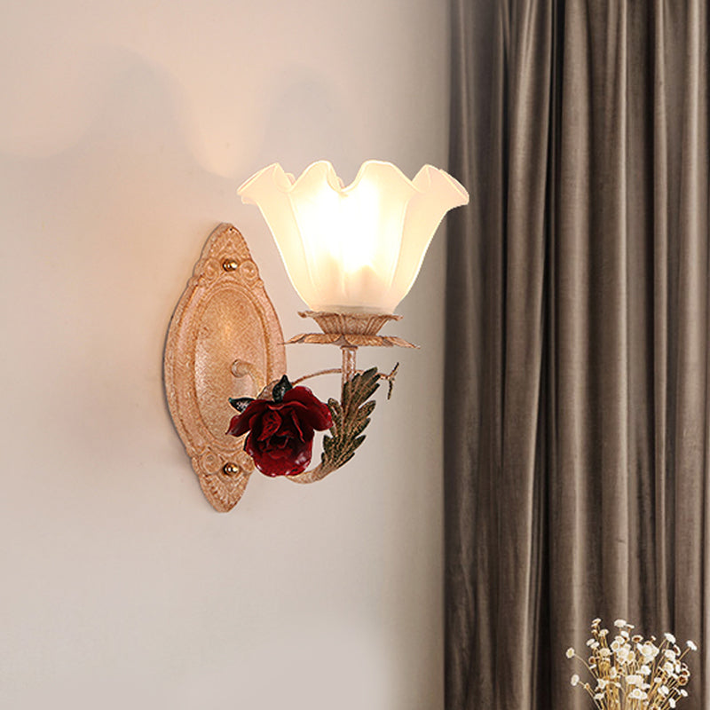 Opal Glass Flower Sconce Wall Lamp American Garden Style Light-Brown/White