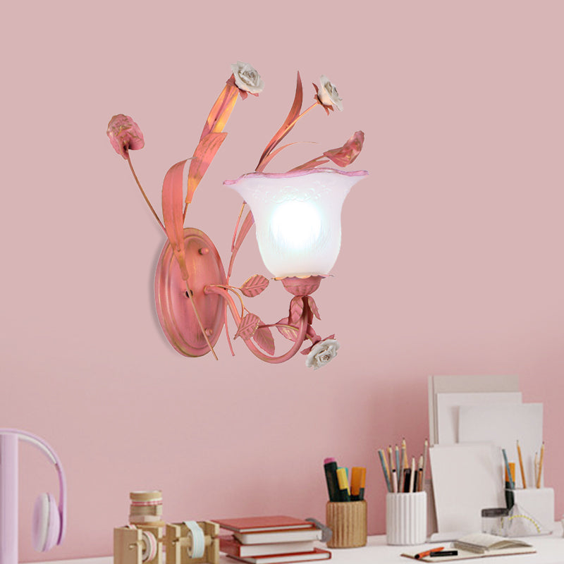 Stunning Pink Frosted Glass Bellflower Wall Sconce With Crystal Accent: Countryside 1/2-Light Lamp
