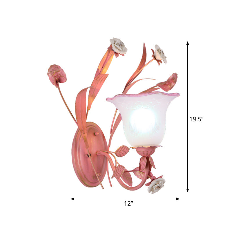Stunning Pink Frosted Glass Bellflower Wall Sconce With Crystal Accent: Countryside 1/2-Light Lamp