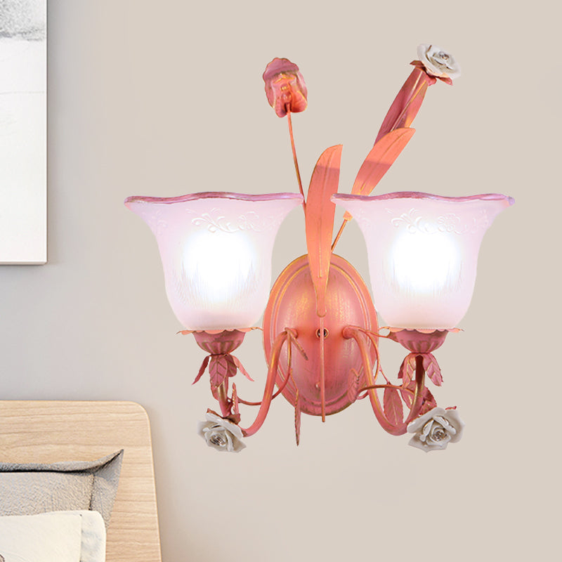 Stunning Pink Frosted Glass Bellflower Wall Sconce With Crystal Accent: Countryside 1/2-Light Lamp