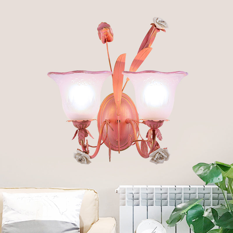 Stunning Pink Frosted Glass Bellflower Wall Sconce With Crystal Accent: Countryside 1/2-Light Lamp