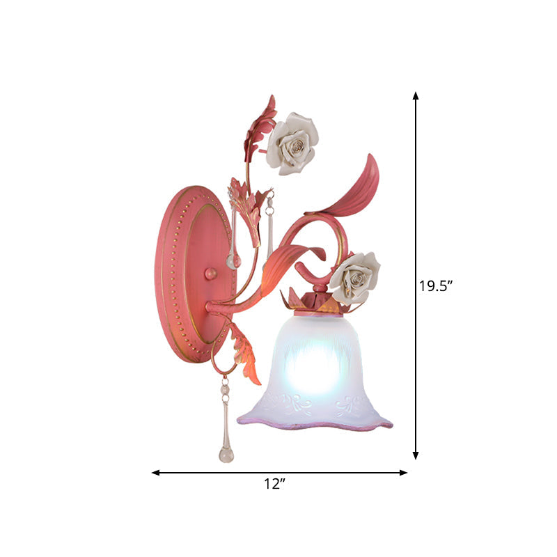 Stunning Pink Frosted Glass Bellflower Wall Sconce With Crystal Accent: Countryside 1/2-Light Lamp