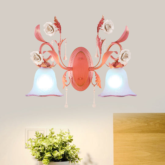 Stunning Pink Frosted Glass Bellflower Wall Sconce With Crystal Accent: Countryside 1/2-Light Lamp