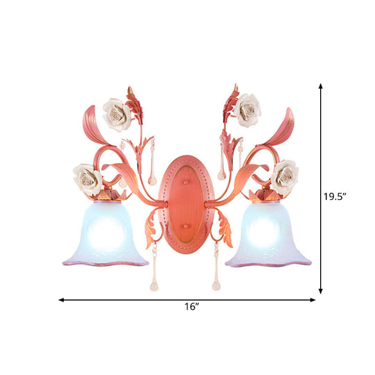 Stunning Pink Frosted Glass Bellflower Wall Sconce With Crystal Accent: Countryside 1/2-Light Lamp