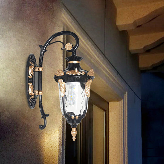 Rural Single Light Clear Glass Wall Sconce - Outdoor Urn Fixture In Black And Gold