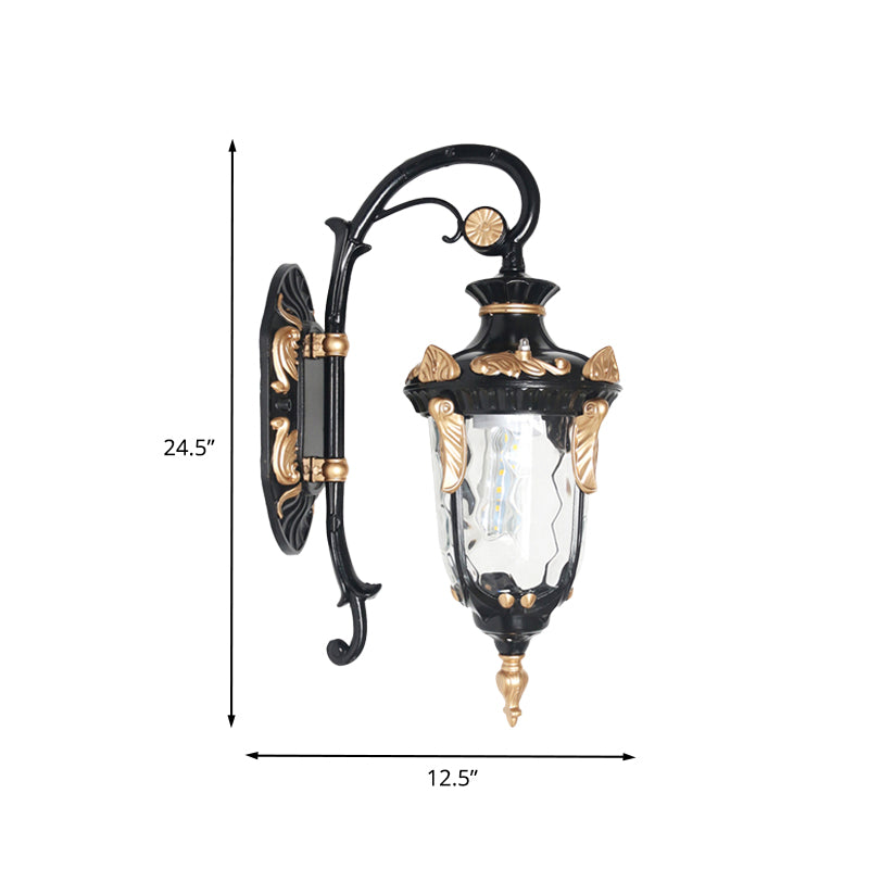 Rural Single Light Clear Glass Wall Sconce - Outdoor Urn Fixture In Black And Gold