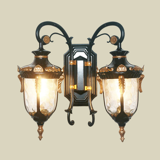 Countryside Black/Gold-Copper Urn Wall Sconce Light With Clear Glass - 2 Bulbs
