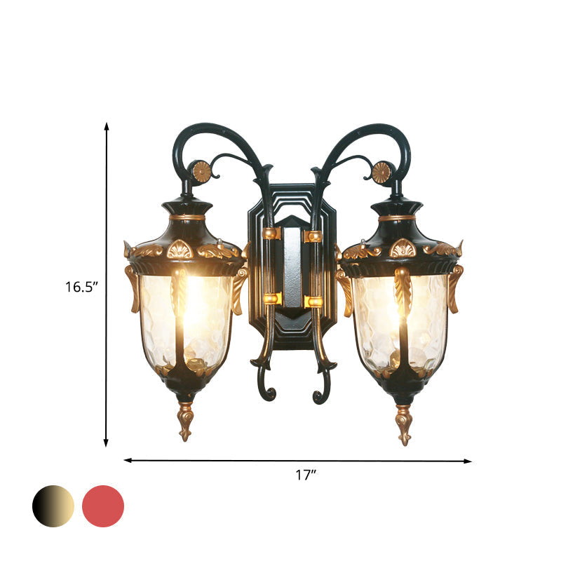 Countryside Black/Gold-Copper Urn Wall Sconce Light With Clear Glass - 2 Bulbs