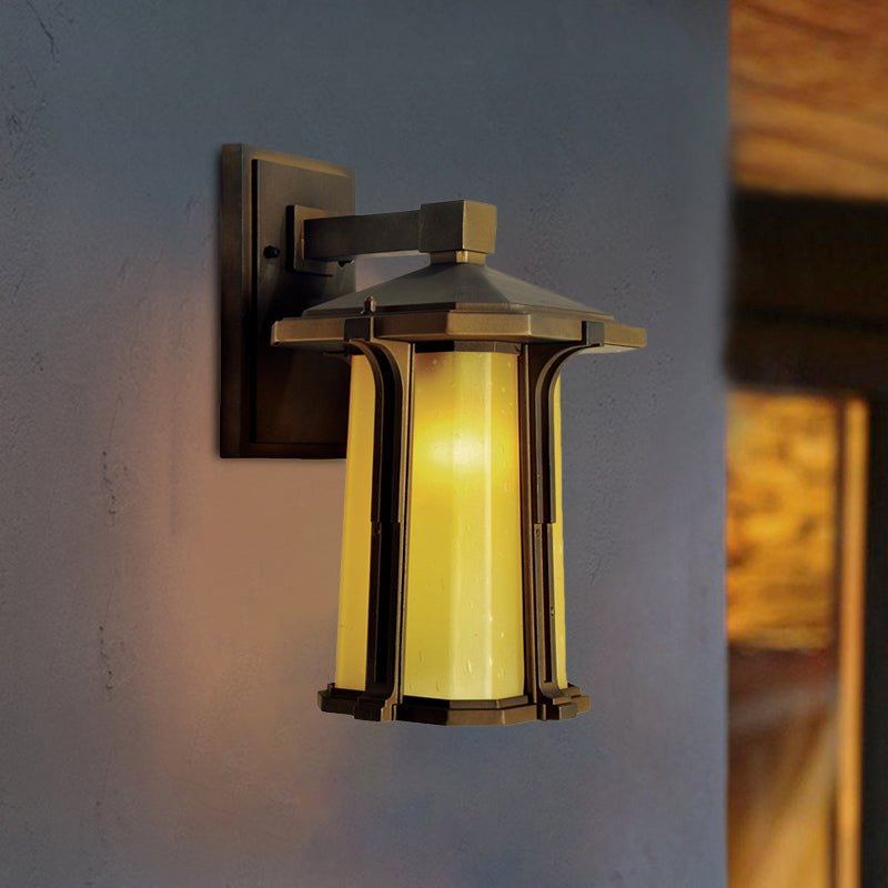 Retro-Style Outdoor Wall Mounted Glass Lantern Sconce - Single Head Light Fixture (Tan/White) Tan