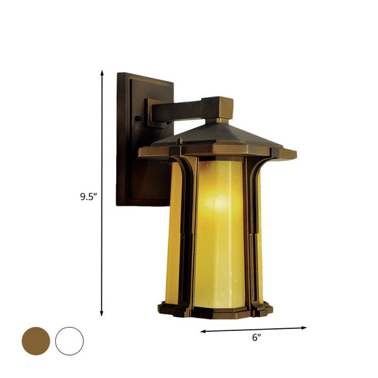 Retro-Style Outdoor Wall Mounted Glass Lantern Sconce - Single Head Light Fixture (Tan/White)