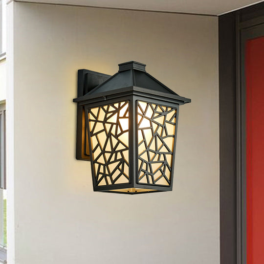 Black Wall Sconce Lighting: Lodge Style Frosted Glass Lantern