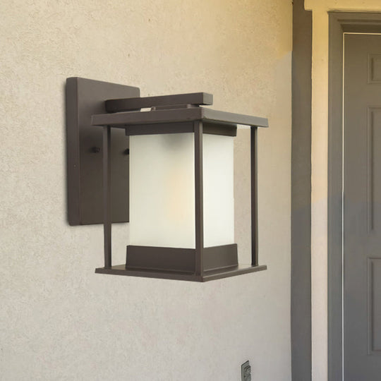 Rustic Glass & Metal Outdoor Wall Lamp With 1 Bulb In Coffee/Black