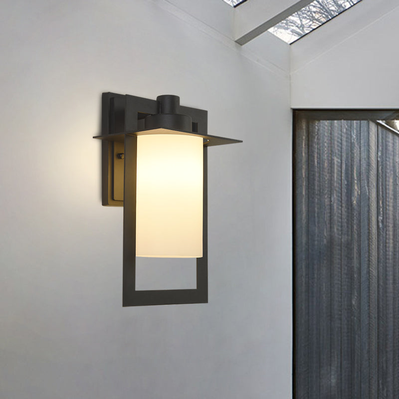 Single Bulb White Glass Wall Sconce In Black With Countryside Cylinder Design