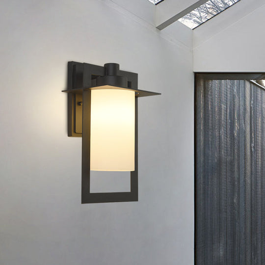 Single Bulb White Glass Wall Sconce In Black With Countryside Cylinder Design