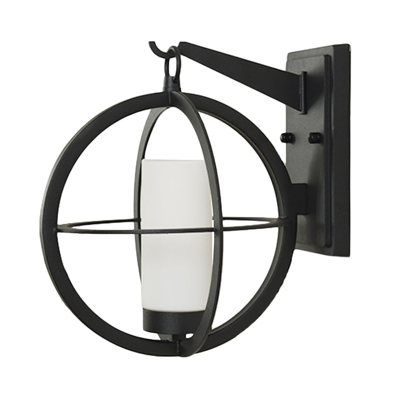 Rustic Black Cylinder Sconce With Frosted Glass And Metal Cage