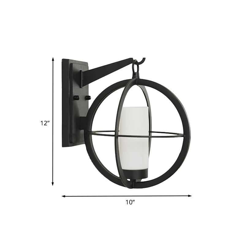 Rustic Black Cylinder Sconce With Frosted Glass And Metal Cage
