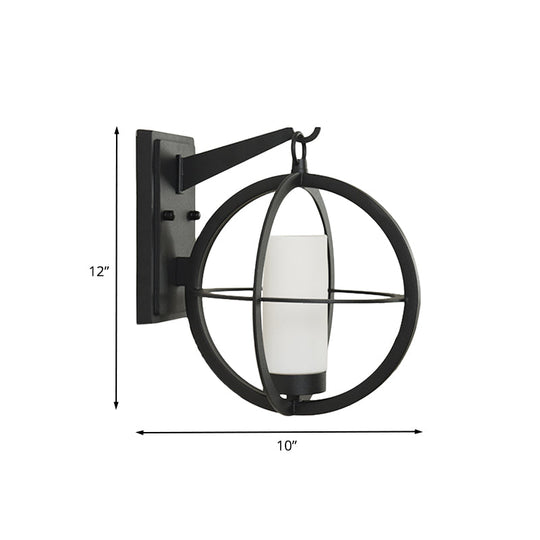 Rustic Black Cylinder Sconce With Frosted Glass And Metal Cage