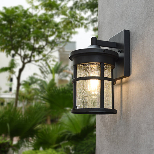 Black Crackle Glass Sconce Lamp - Cylindrical Countryside Wall Lighting With Metal Frame 1 Bulb
