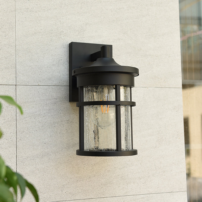 Black Crackle Glass Sconce Lamp - Cylindrical Countryside Wall Lighting With Metal Frame 1 Bulb