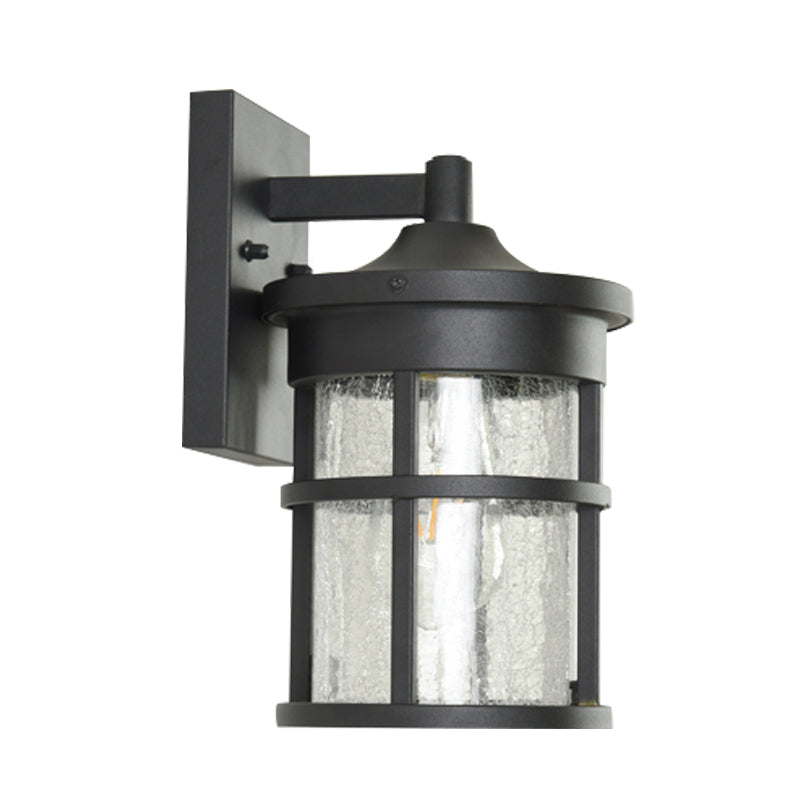 Black Crackle Glass Sconce Lamp - Cylindrical Countryside Wall Lighting With Metal Frame 1 Bulb