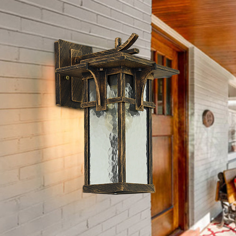 Rustic Outdoor Wall Sconce Light - Retro Lantern Style With Clear Water Glass Bronze/Black Finish