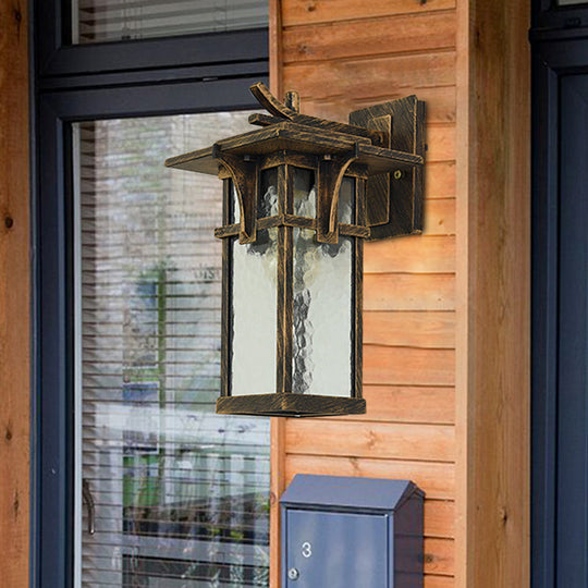 Rustic Outdoor Wall Sconce Light - Retro Lantern Style With Clear Water Glass Bronze/Black Finish