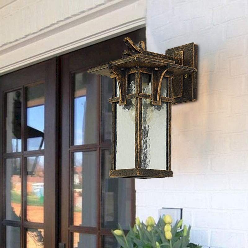 Rustic Outdoor Wall Sconce Light - Retro Lantern Style With Clear Water Glass Bronze/Black Finish