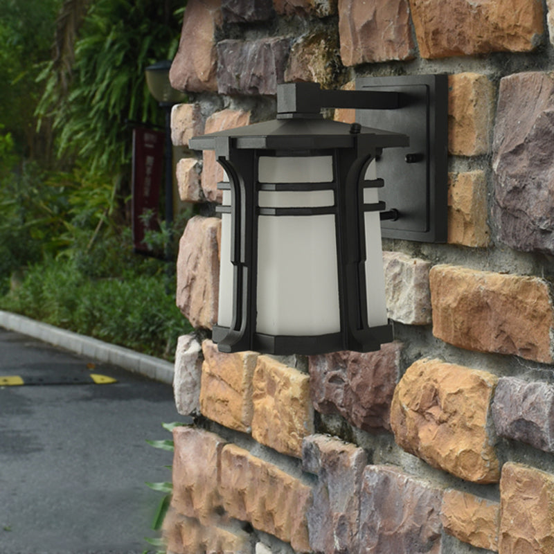 Bronze/Black Lantern Wall Light With Frosted Glass - Single Bulb Outdoor Fixture