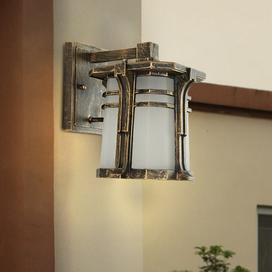 Bronze/Black Lantern Wall Light With Frosted Glass - Single Bulb Outdoor Fixture