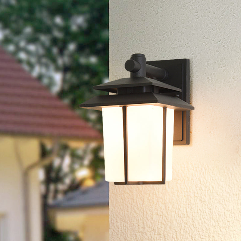 Modern White Glass Lantern Wall Sconce - Lodge Style Bronze/Black Outdoor Lighting Fixture Black