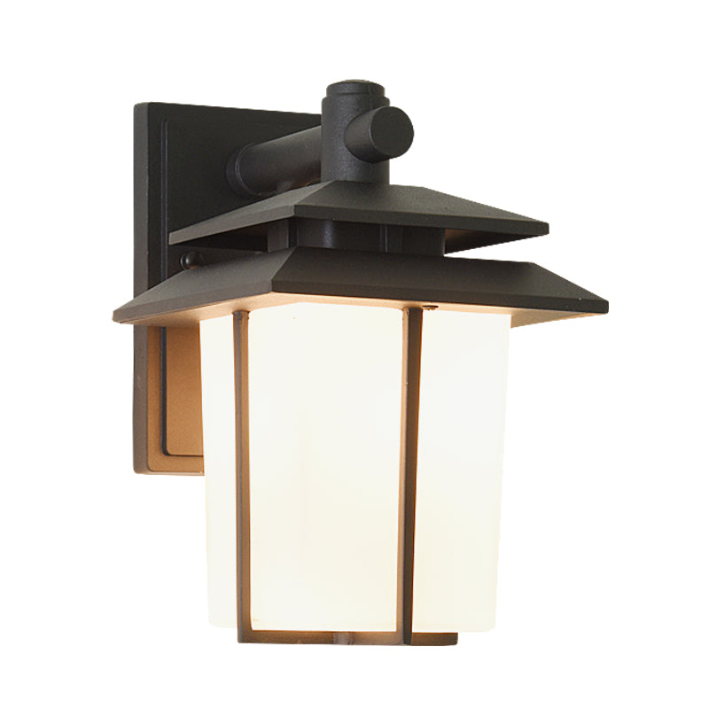 Modern White Glass Lantern Wall Sconce - Lodge Style Bronze/Black Outdoor Lighting Fixture