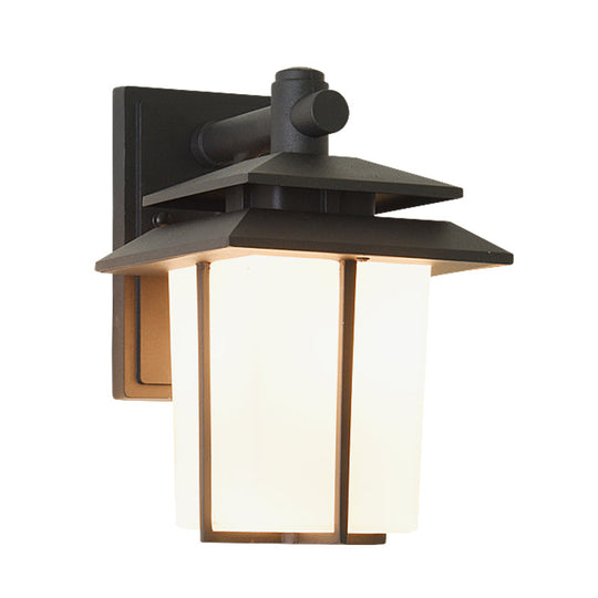 Modern White Glass Lantern Wall Sconce - Lodge Style Bronze/Black Outdoor Lighting Fixture