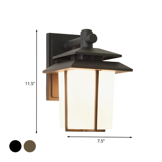 Modern White Glass Lantern Wall Sconce - Lodge Style Bronze/Black Outdoor Lighting Fixture