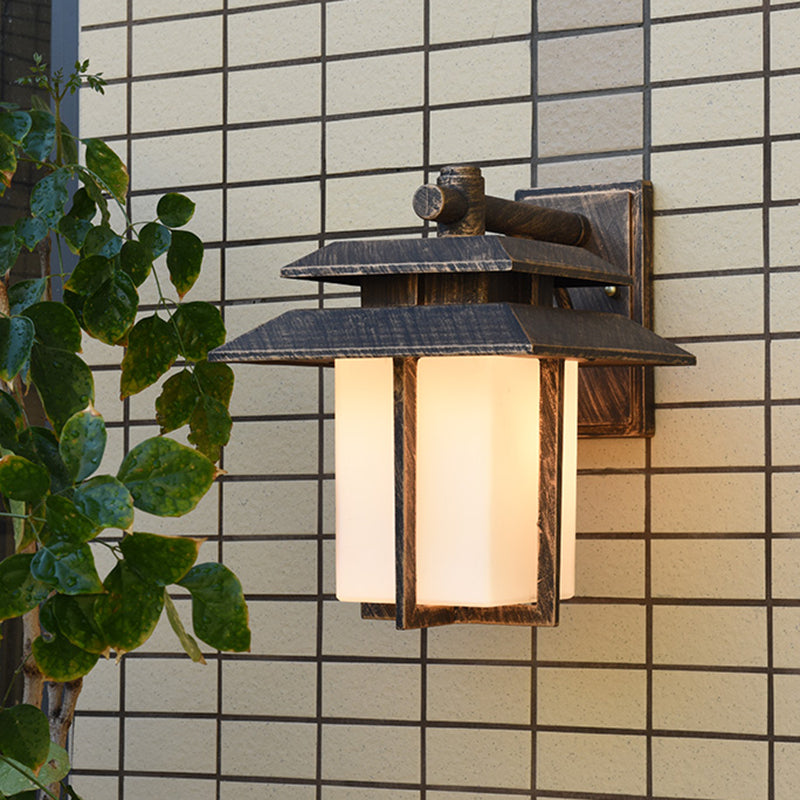 Modern White Glass Lantern Wall Sconce - Lodge Style Bronze/Black Outdoor Lighting Fixture Bronze