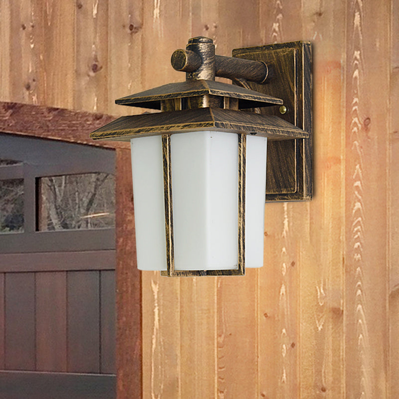 Modern White Glass Lantern Wall Sconce - Lodge Style Bronze/Black Outdoor Lighting Fixture