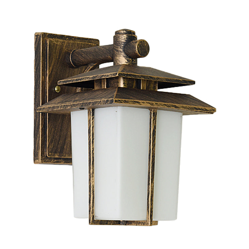 Modern White Glass Lantern Wall Sconce - Lodge Style Bronze/Black Outdoor Lighting Fixture