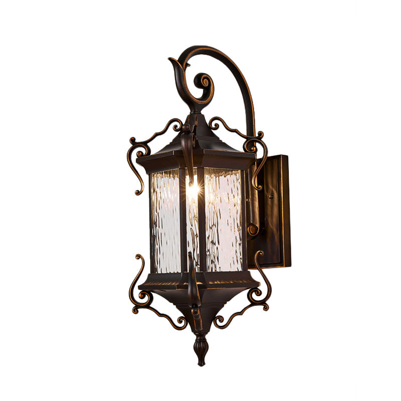 Rustic Water Glass Wall Sconce With Metal Scrolled Arm Single Bulb Coffee Lantern