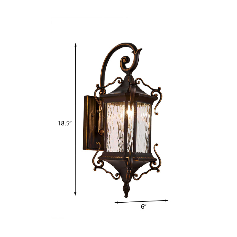 Rustic Water Glass Wall Sconce With Metal Scrolled Arm Single Bulb Coffee Lantern