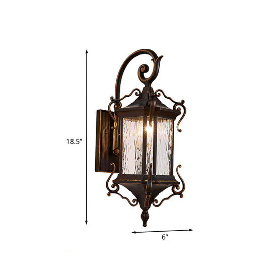 Rustic Water Glass Wall Sconce With Metal Scrolled Arm Single Bulb Coffee Lantern